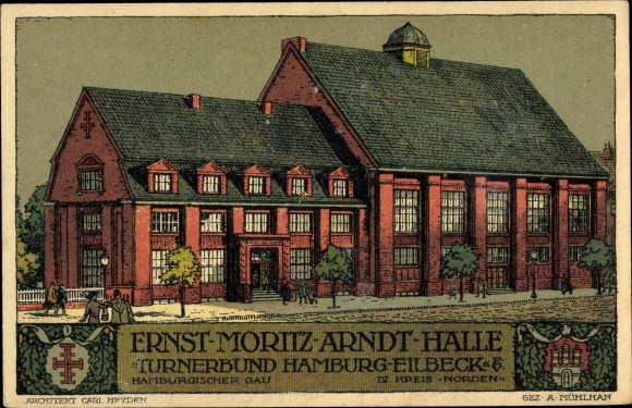 lithografie kunstenaarskaart Mühlhan, Hamburg Wandsbek Eilbek, Turnerbund, Ernst Moritz Arndt Halle