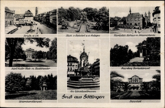 Ak Göttingen in Niedersachsen, Gänseliesel-Brunnen, Marktplatz, Adolf Hitler Halle, Bahnhof