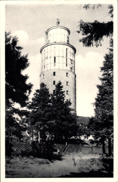 Postcard Brotterode in Thuringia, Großer Inselsberg, observation tower, Thuringian Forest, trees in the foreground