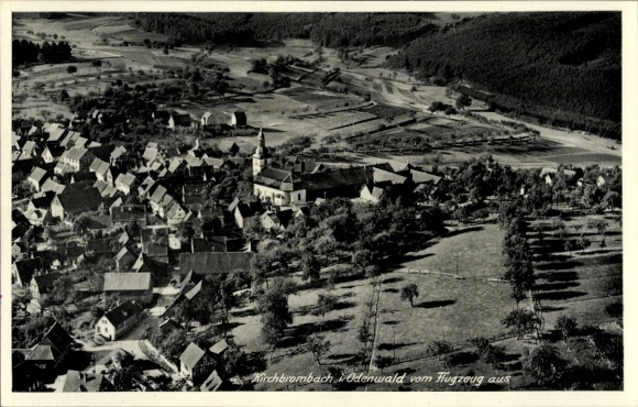 Postcard Kirchbrombach Brombachtal Odenwald, aerial view, Odenwald, church, houses, landscape