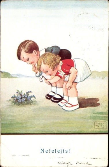 Artist Postcard Wills, John, boy and girl looking at a flower