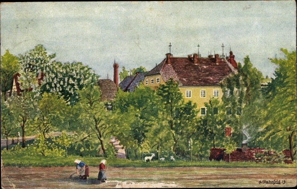 Artist PC Rahnfeld, A., Steinpleis, view of the Oberrittergut, women at work, no. 1