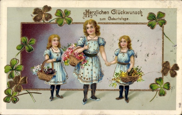 Embossed PC Happy Birthday, three girls in blue dresses with flower baskets, clover