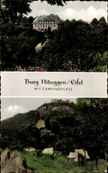 Postcard Nideggen in the Eifel, Nideggen Castle, campsite