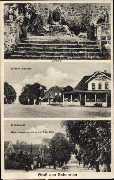 Ak Schermen Möser Jerichower Land, Denkmal, Berliner Chaussee, Breite Straße, Handlung Paul Otto