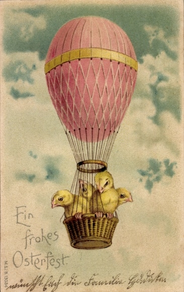 Chromo-Litho Congratulations Easter, chicks, balloon flight