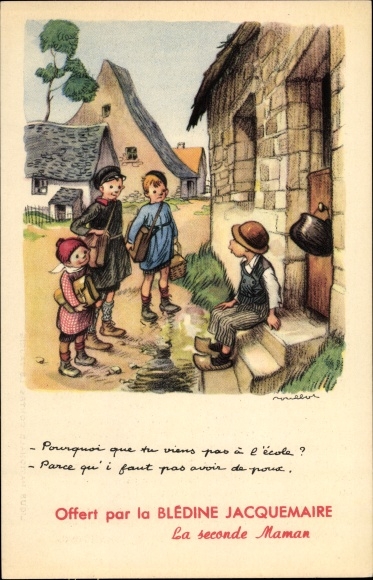 Artist PC Poulbot, Ligue Nationale contre le Taudis, children in front of a house