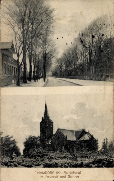 Ak Hamdorf in Sleeswijk-Holstein, kerk, winters aanblik