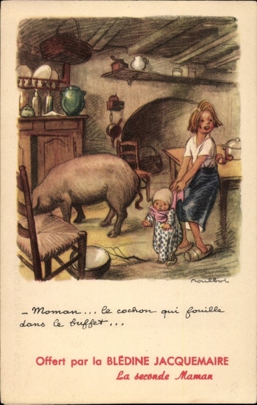 Artist PC Poulbot, Francisque, Ligue Nationale contre le Taudis, kinderen en varken in een keuken