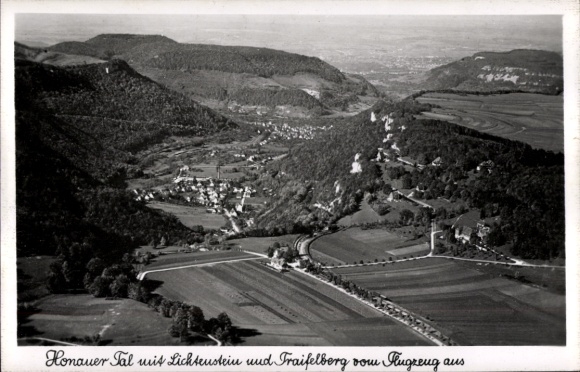 Postcard Traifelberg Honau Lichtenstein in Baden Württemberg, aerial photograph, Honauer Valley