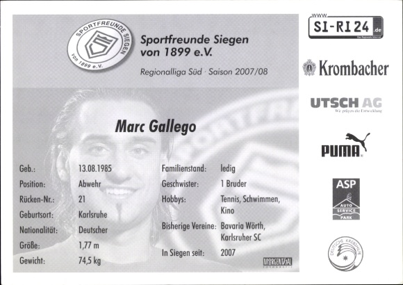 Autograph card footballer Marc Gallego, Sportfreunde Siegen, autograph