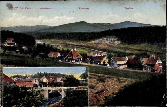 Postcard Sorge Oberharz am Brocken, panorama, Achtermann, Wurmberg, bridge