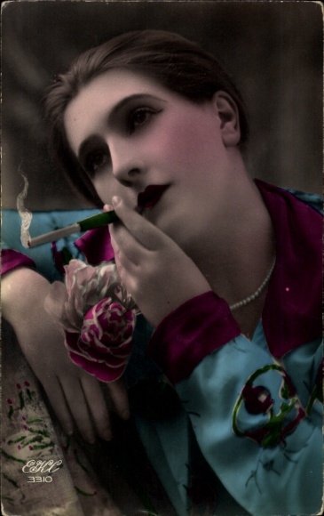 Postcard woman smoking cigarette, portrait