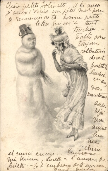 Postcard Woman looking at a snowman