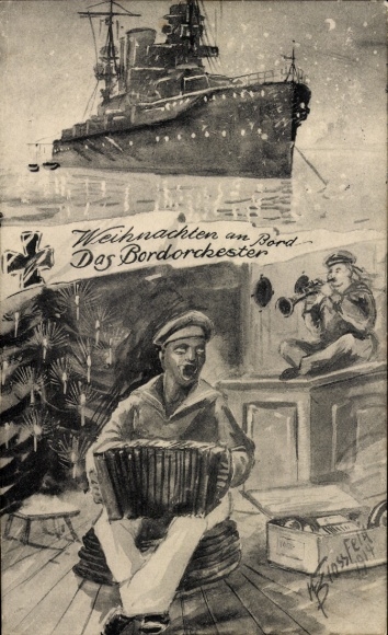 Artist Postcard Blossfeld, Congratulations Christmas, German Marines, Christmas tree, accordion