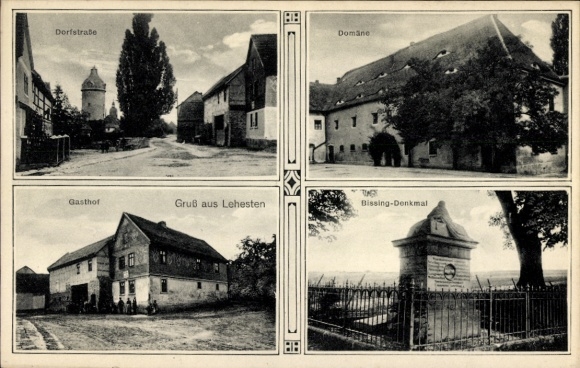 Postcard Lehesten in the Thuringian Forest, village street, domain, inn, greetings from Bissing monument