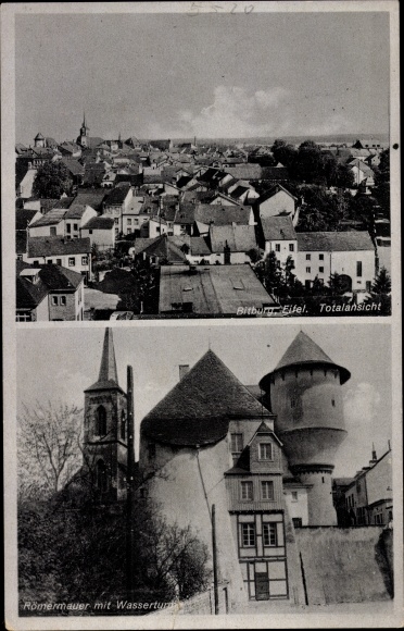 Ak Bitburg Eifel, uitzicht over de stad, Romeinse muur met watertoren