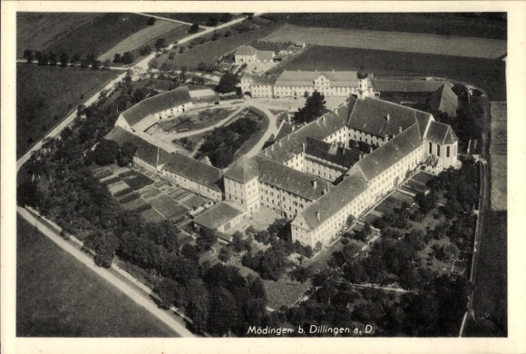 Ak Mödingen in Schwaben, Kloster Maria Medingen, Fliegeraufnahme