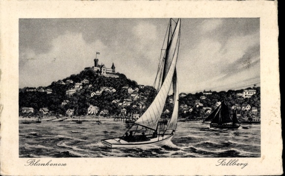 Ak Hamburg Altona Blankenese, Blick auf den Süllberg, Segelboot im Wasser, Häuser am Hang