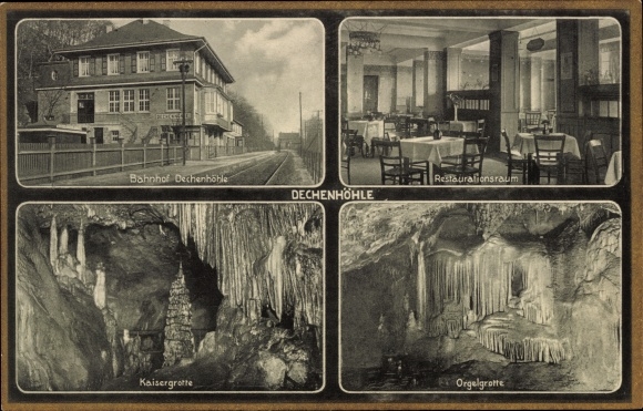 Postcard Green Iserlohn in the Märkisches Kreis, Dechenhöhle train station, restaurant, Kaisergrotte, organ grotto
