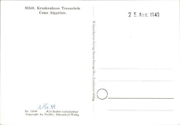 Postcard Traunstein in Upper Bavaria, aerial photograph, Municipal Hospital Cuno Niggelstraße