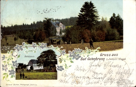 Passepartout Postcard Niederzwönitz Zwönitz in the Ore Mountains Saxony, Bad Gutenbrunn, bathhouse