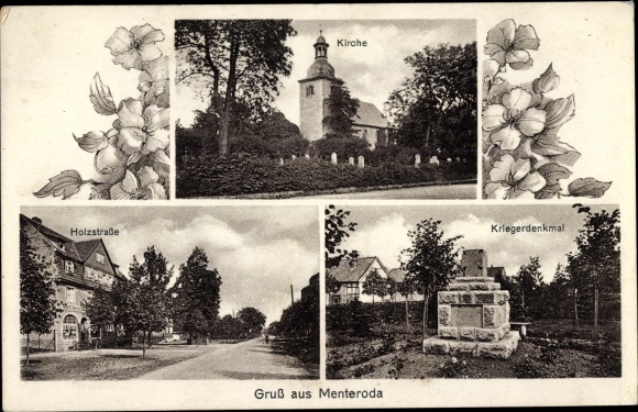 Postcard Menteroda in Thuringia, church, war memorial, Holzstraße