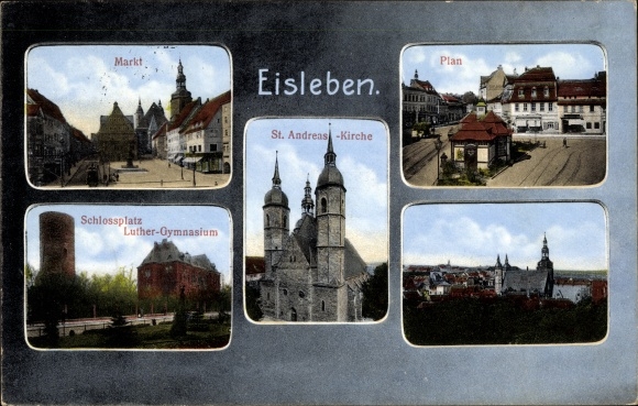 Postcard Eisleben, market, plan, palace square, Luther Gymnasium, St. Andreas Church
