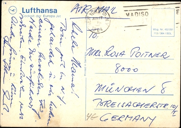 Postcard Pilot and copilot in the cockpit, Lufthansa, Europa Jet, passenger plane