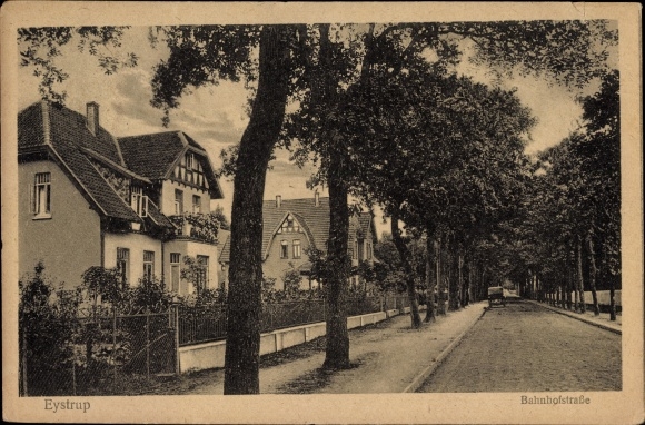 Postcard Eystrup Lower Saxony, Bahnhofstrasse, street section, building