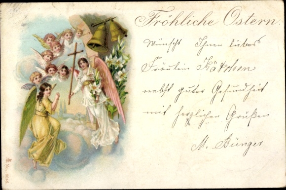 Chromo-Litho congratulations Easter, angel, bells, cross
