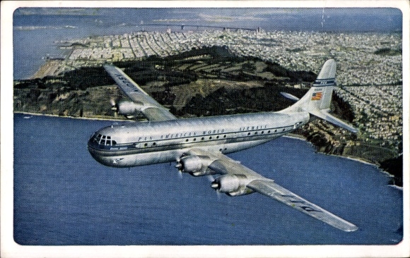 Postcard Double decked Strato Clippers, American passenger aircraft, Pan Am