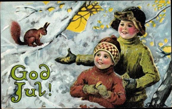 Artist PC Nyström, J., Happy Christmas, children, squirrels