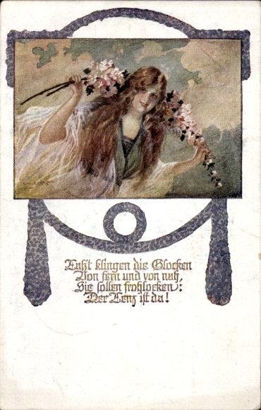 Künstler Ak Frau mit Blumen, Portrait, Klingen die Glocken von fern und von nah...