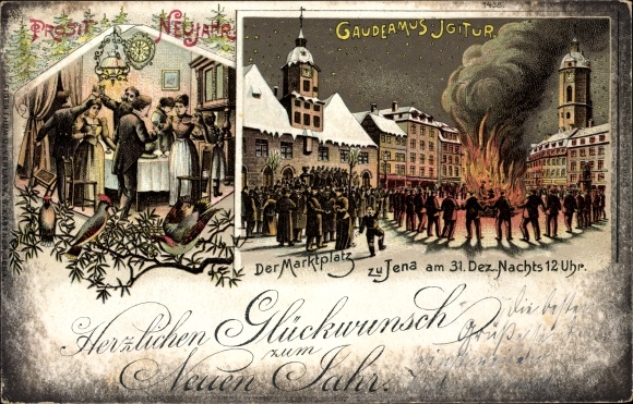 Chromo-Litho Jena in Thuringia, Gaudeamus Igitur, market square on December 31 midnight, fire