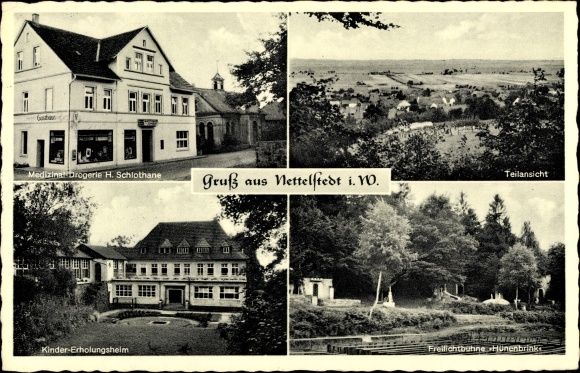 PC Nettelstedt Lübbecke Westfalen, children&#39;s home, open-air stage, drugstore, partial view