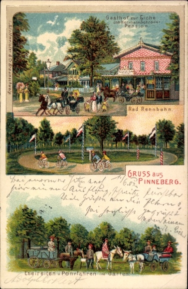 Litho Pinneberg in Holstein, Radrennbahn, Eselreiten, Gasthof zur Eiche