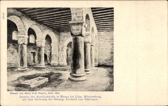 Postcard Hirsau Calw in the Black Forest, Aurelius Church, interior view, stone coffin, painter Paul Staelin, 1901