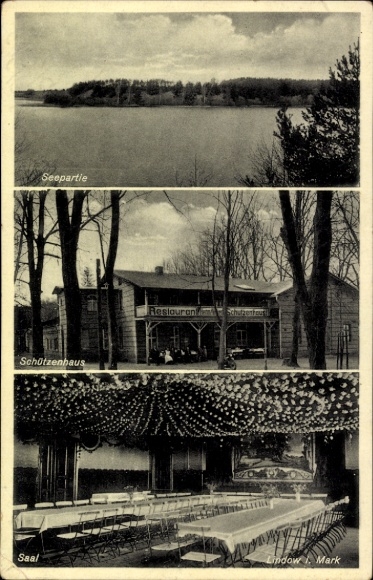 Postcard Lindow in der Mark, Schützenhaus, restaurant, hall, lake, owner: Herm. Wickert