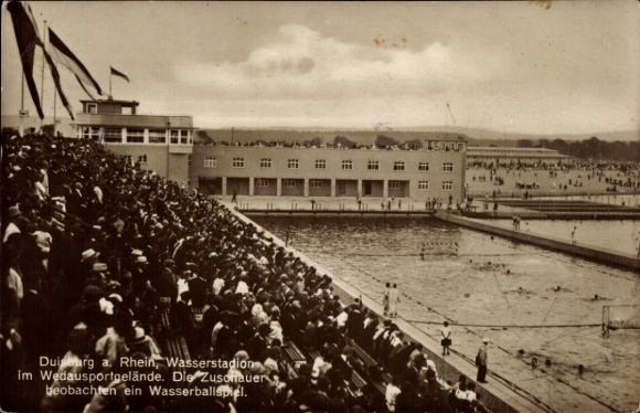Postcard Duisburg in the Ruhr area, water stadium in the Wedausportgelände, water polo game, grandstand