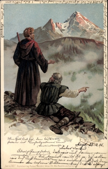 Kunstenaar litho Döcker, E., geestelijken, wandelaars, bergtoppen