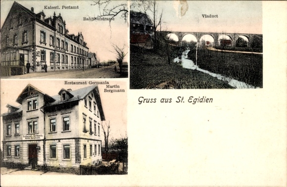 Ansichtkaart Sankt Egidien in Saksen, postkantoor, Bahnhofstrasse, viaduct, restaurant Germania