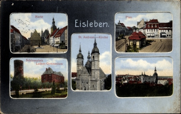 Postcard Eisleben, market, plan, palace square, Luther Gymnasium, St. Andreas Church