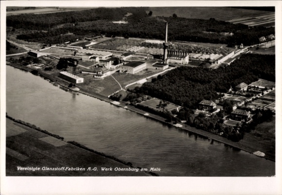 Postcard Obernburg am Main Lower Franconia, aerial photograph, Vereinigte Glanzstoff-Fabriken AG