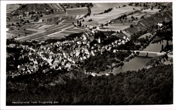 Postcard Hessigheim am Neckar, aerial view of landscape with river and houses