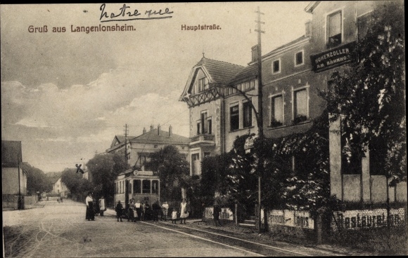 Postcard Langenlonsheim an der Nahe Pfalz, tram line 2, main street, Hohenzoller at the train station