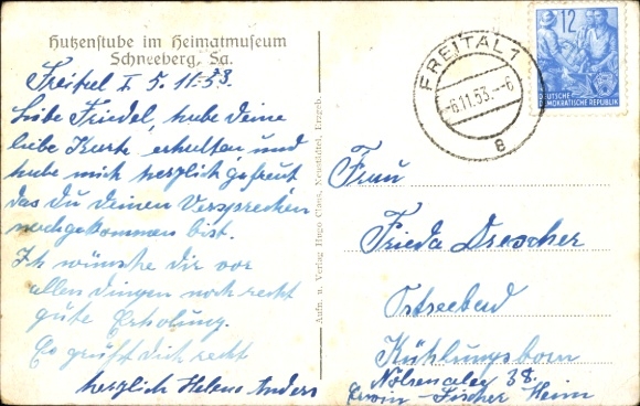 Postcard Schneeberg Neustädtel Saxony, Hutzenstube, spinning wheel, plate