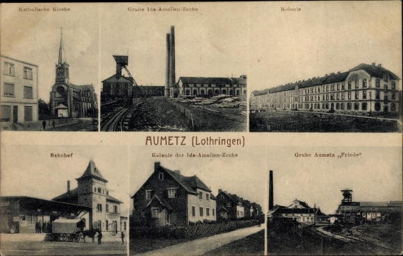 Ak Aumetz Lothringen Moselle, Kolonie, Grube Friede, Kath. Kirche, Bahnhof