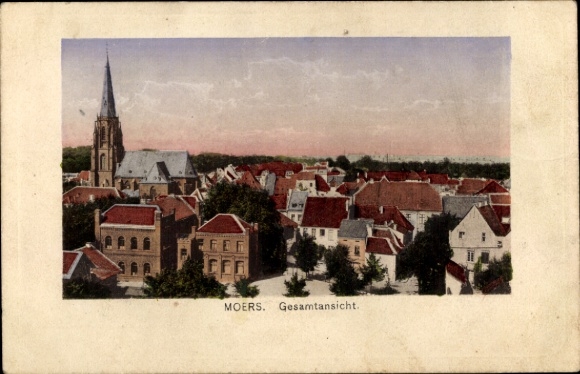 Postcard Moers on the Lower Rhine, general view of church, houses, city view