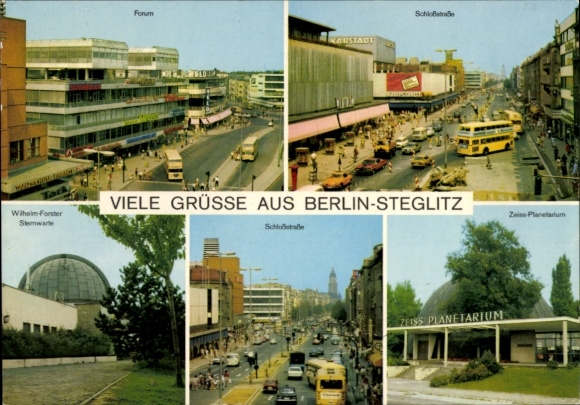 Postcard Berlin Steglitz, Forum, Schlossstraße, Wilhelm Forster Observatory, Zeiss Planetarium, Taxis